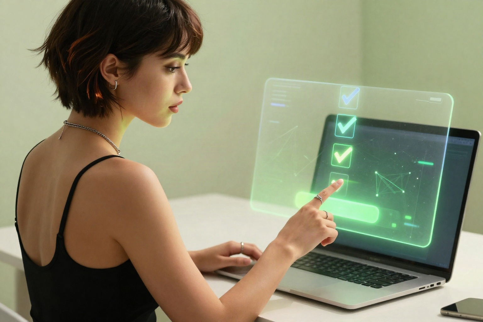 Person's finger hovering above trackpad before confirming a Solana delegation transaction, screen displaying five glowing verification indicators on a dark translucent panel